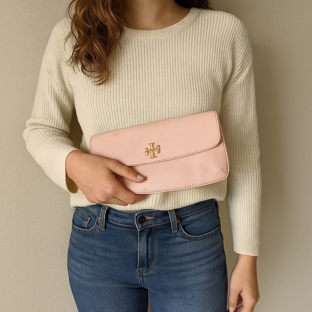 Tory Burch Leather Slim Diana Flap‎ Clutch Blush Pink Saffiano Preppy FLAWS